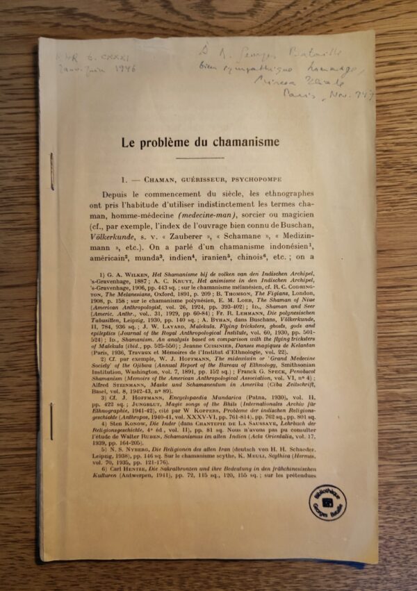 Mircea Eliade – Le problème du chamanisme, articol cu dedicația olografă a lui Eliade